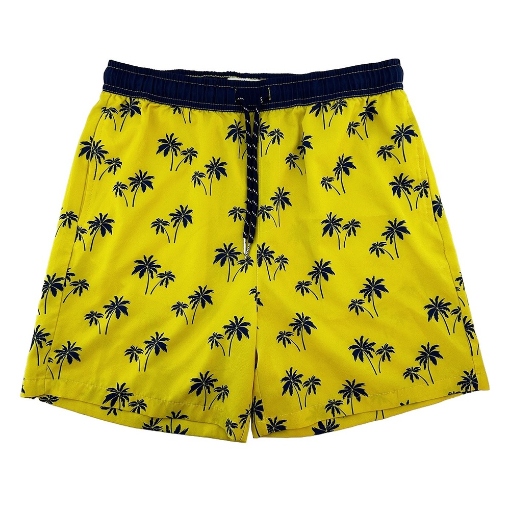 PUBLIC RECORD Men's Palm Tree Swim Shorts / Trunks • Medium • yellow navy blue